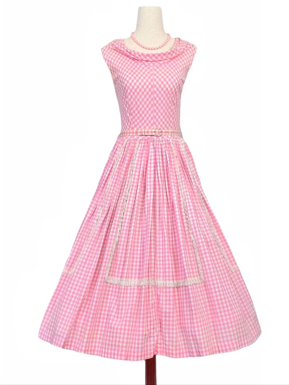 1950s Vintage Dress Belt Set 50s Barbie Pink Gingham Checkered Summer XS Small